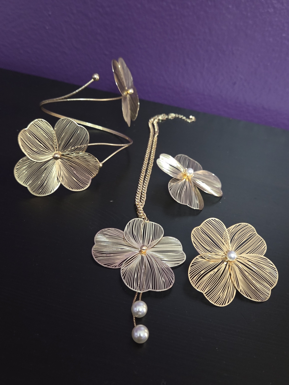 Gold Plated Floral Necklace, Bracelet ans Arm Cuff Set with Pearls